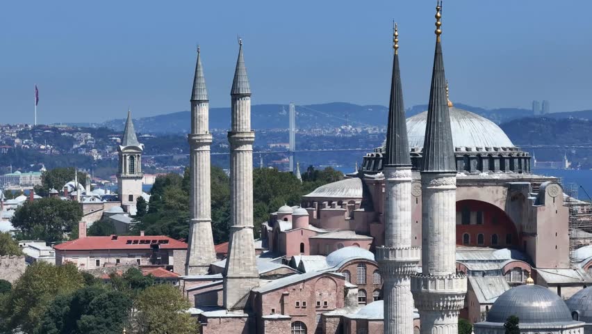 Hagia Sophia, Blue Mosque (Ayasofya ve Sultanahmet Cami) and Topkapi Palace in the  Sunlights Drone Video, Eminonu Fatih, Istanbul Turkiye (Turkey)