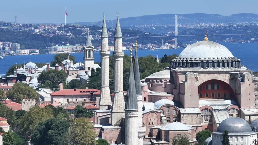 Hagia Sophia, Blue Mosque (Ayasofya ve Sultanahmet Cami) and Topkapi Palace in the  Sunlights Drone Video, Eminonu Fatih, Istanbul Turkiye (Turkey)
