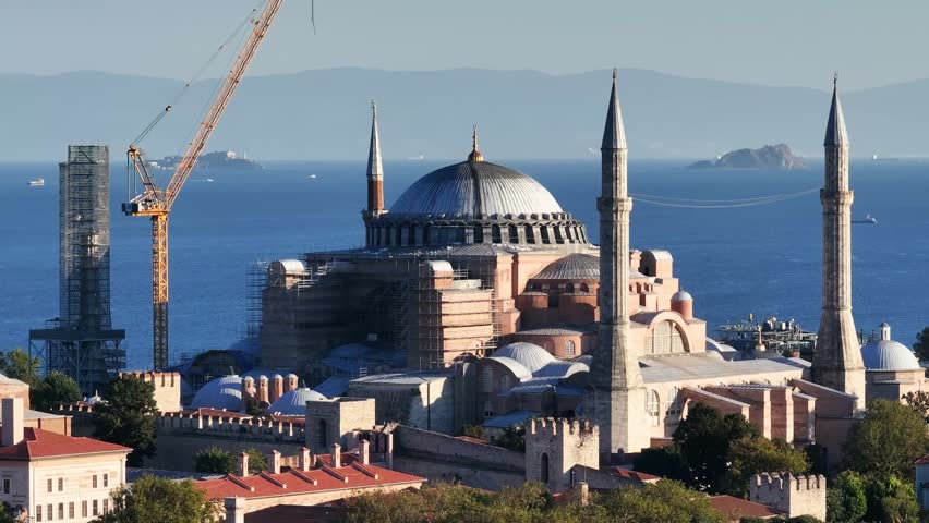 Hagia Sophia, Blue Mosque (Ayasofya ve Sultanahmet Cami) and Topkapi Palace in the  Sunlights Drone Video, Eminonu Fatih, Istanbul Turkiye (Turkey)