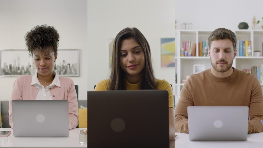Diverse Professionals Working Remotely On Laptops In Modern Home Offices, Representing Online Collaboration, Remote Work, Digital Communication, Freelance Lifestyle And Virtual Business. - Powered by Shutterstock - Get 15% off with code: PIKWIZARD15