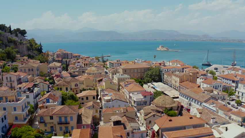 Sunny Summer Vibes in city Nafplio, Greece – 4K Aerial Drone Footage. 