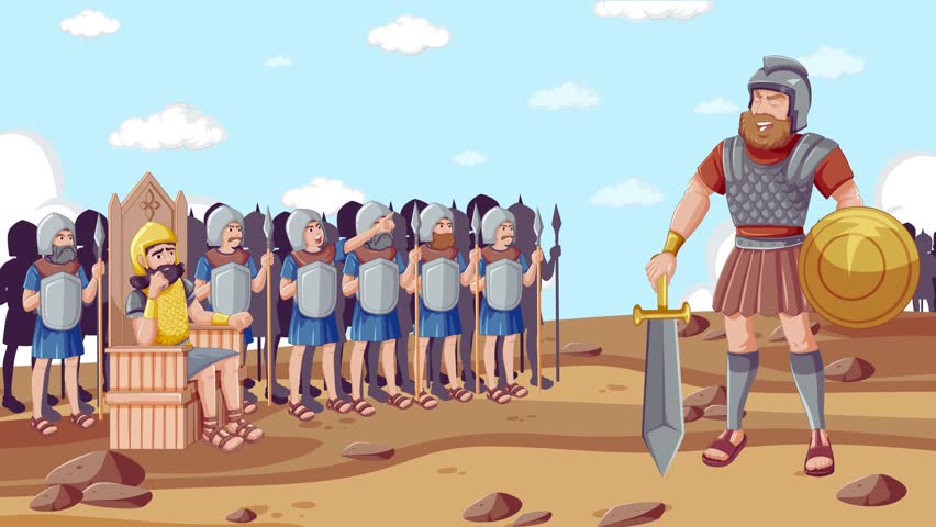 Biblical illustration of young David facing the giant Goliath, symbolizing courage, faith, and divine victory. A classic Old Testament story ideal for religious, historical, and inspirational projects