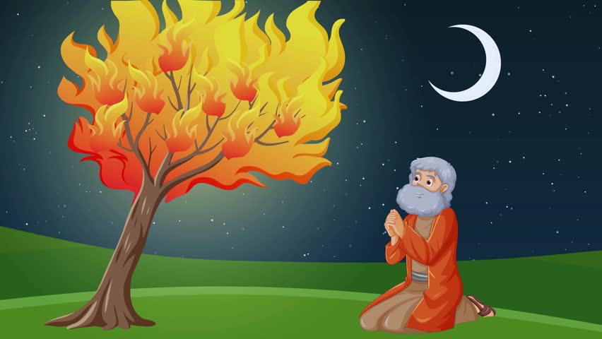 Biblical scene of Moses as a shepherd witnessing the miraculous burning bush on Mount Horeb. Symbol of divine revelation, faith, and God’s calling. Perfect for religious, historical, and spiritual .