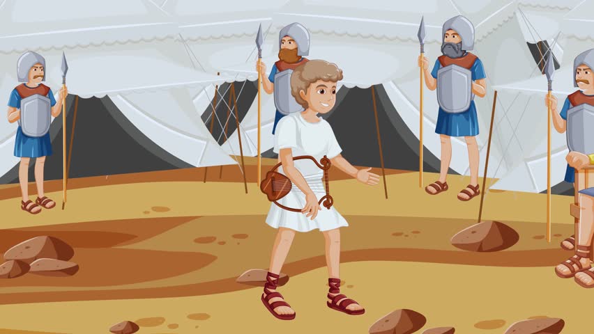 Biblical scene of Goliath speaking to King Saul before his battle with David. A dramatic Old Testament moment symbolizing challenge, pride, and faith. Perfect for religious, historical, and conceptual