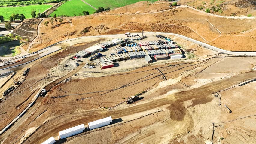 Aerial Chiquita Canyon Landfill dump site with gas collection systems to capture methane gas. Reduce greenhouse gas emissions, renewable energy. August 2025, Castaic, CA 