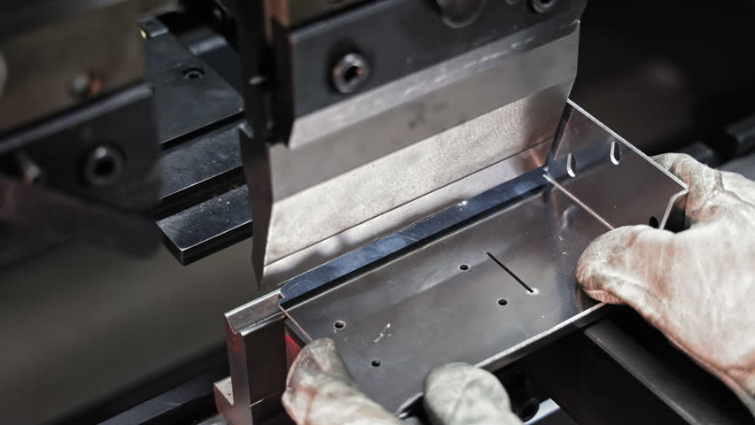 Sheet metal bending with hydraulic press. Close-up of a metalworker operating a hydraulic press brake machine to bend sheet metal into precise angles and shapes.