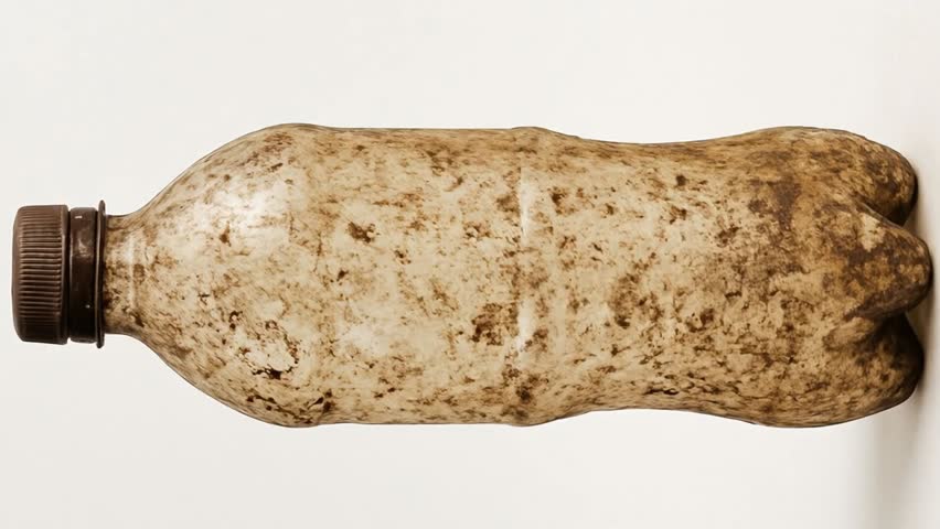 A dirty used plastic bottle on a white background. Represents pollution, plastic waste, recycling issues, and environmental damage