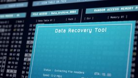 Data recovery process screen on cloud storage server, database protection backup for restore secure file sharing network, cyber security software technology, retro binary computer repair monitor UI - Powered by Shutterstock - Get 15% off with code: PIKWIZARD15