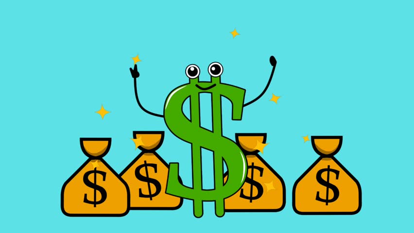 A fun cartoon video about money. A dollar sign character dances happily among several glowing money bags. This simple and cheerful animation is great for videos about finance, saving, or investing.