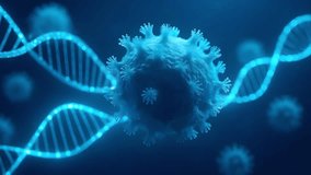 A 3D rendered scientific animation showing a virus particle with DNA strands in the background, symbolizing biology, genetics, biotechnology, healthcare, medical research, and innovation - Powered by Shutterstock - Get 15% off with code: PIKWIZARD15