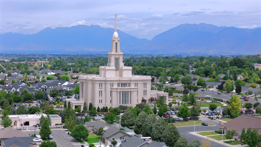 Experience stunning aerial views of the Payson Utah Mormon Temple, a significant site for members of The Church of Jesus Christ of Latterday Saints, where they gather for worship and events