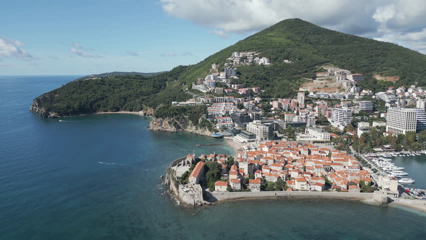 Aerial perspective of historic center of Budva, a coastal city in southern Montenegro.
