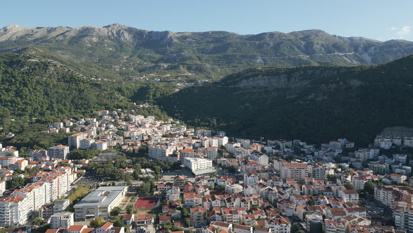 Aerial perspective of Budva, a popular tourist city nestled on the Adriatic sea in southern Montenegro