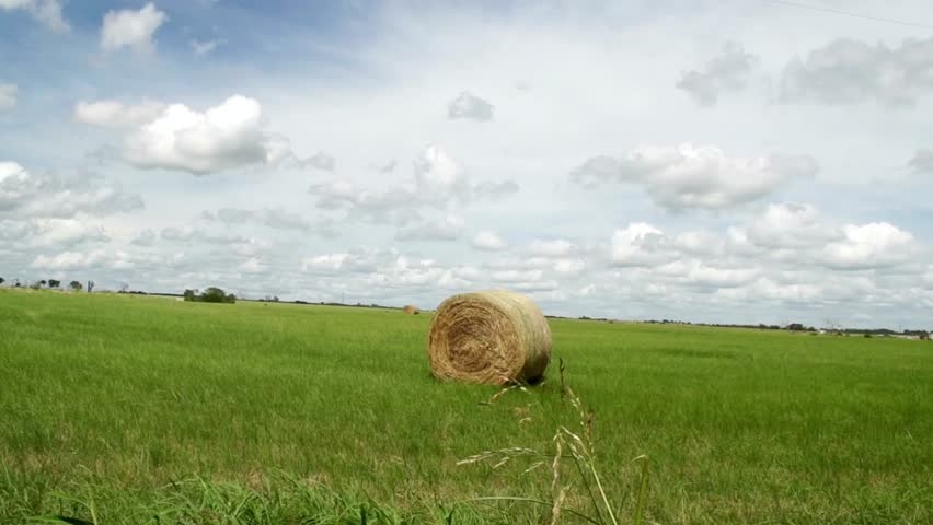 Round hay bale sitting in a green field under a cloudy blue sky