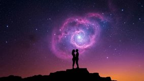Romantic couple silhouette under purple galaxy nebula and starry night sky, cosmic love scene - Powered by Shutterstock - Get 15% off with code: PIKWIZARD15