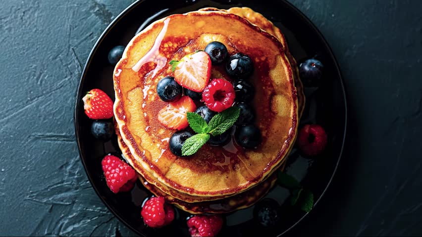 Stack of pancakes with fresh berries and syrup on black plate, styled for breakfast and brunch themes.
