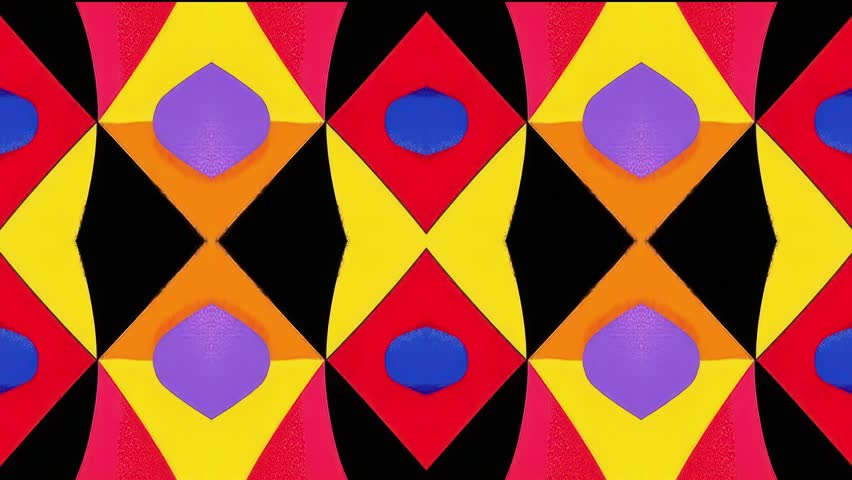 Vibrant tribal-inspired animated loop with bold folk-pop patterns, colorful abstract ornamental shapes, and psychedelic decorative textures. Perfect for creative motion graphics 