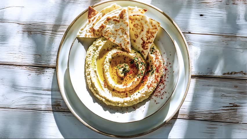 Traditional hummus served with pita bread, Middle Eastern cuisine styled on rustic plate.