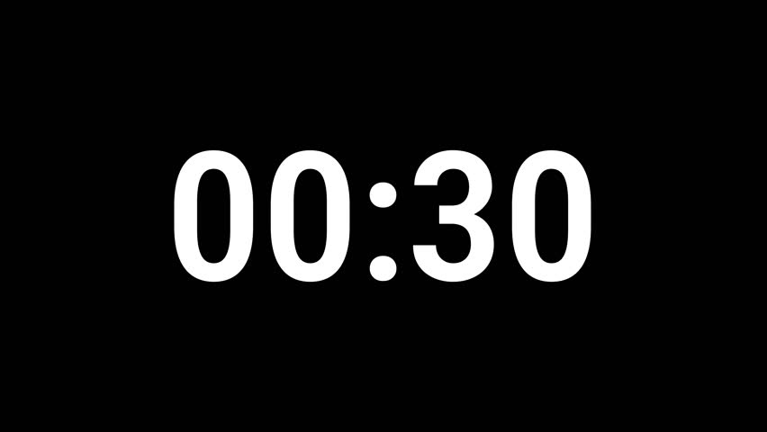 Minimalist countdown timer from 30 to 0 on black background. 4K video
