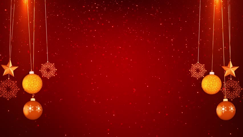 3D Merry Christmas Greeting Video in red background with pine tree branches, snowfall and Christmas ball decorations. Holiday Season elegant Christmas Golden stars moving in space with confetti