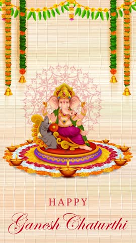 Ganesh Chaturthi wishes video highlighting Lord Ganesha, bright festive décor, sparkling lights, and cultural celebration elements. Suitable for greetings, invitations, and festival content