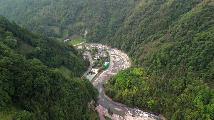 Drone View of Mountain Gorge with Flowing River, Sichuan Province, China