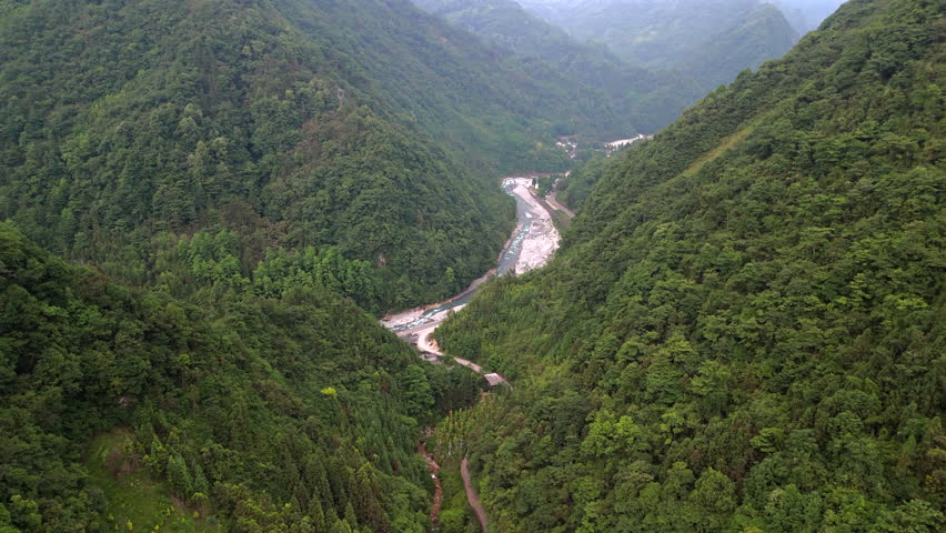Drone View of Mountain Gorge with Flowing River, Sichuan Province, China