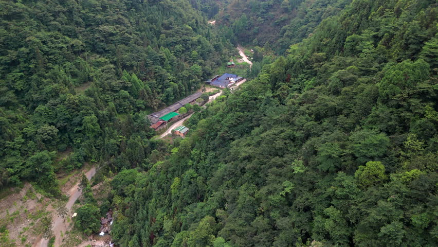 Drone View of Mountain Gorge with Flowing River, Sichuan Province, China