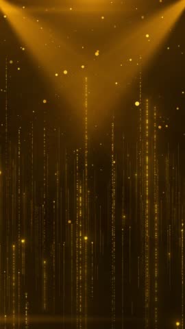 Abstract golden glowing lines falling glowing lighting bokeh effect background. Dust sparkle particles rain. for evening parties, stages, 3D awards, luxury, celebration, visual effects backgrounds