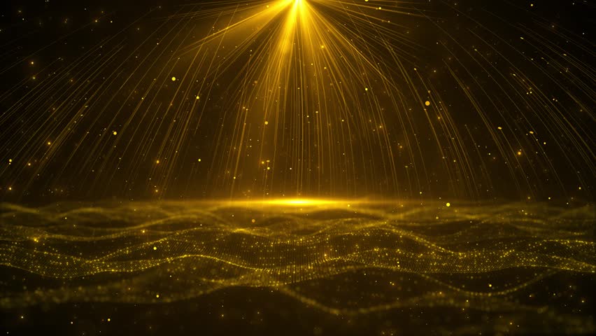 Glowing Lights and Golden Elegance Background beautiful golden neon lights awards stage background award ceremony event, Digital Modern sparkling particles party performance stage screen.