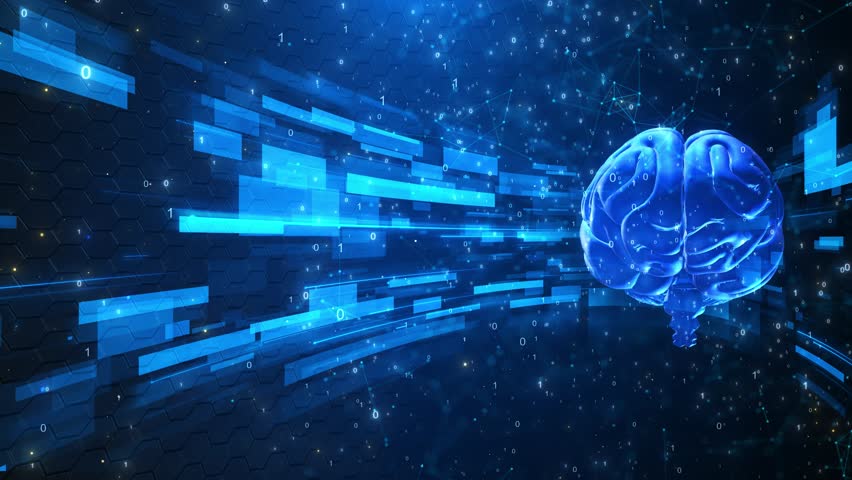 Digital brain spinning and data processing. Business, technology and digital interface Futuristic AI Neural Engine Brain Chip CPU with Glowing Circuit Lines Stroke Reveal Animation by Deep Learning