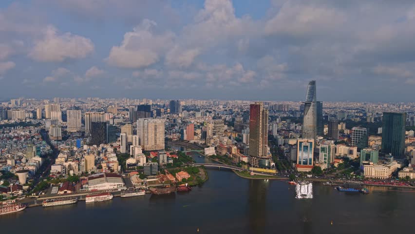 Aerial view Ho chi minh city and Saigon river in Vietnam, business center with skyscrapers.