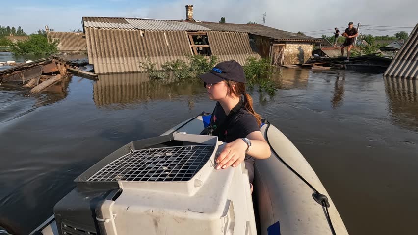 Volunteers sail on boat to evacuate chicken after detonation of Hydroelectric Power Station. Flooded houses in Kherson as result of explosion of dam on Dnipro river in Novaya Kakhovka. Slow motion