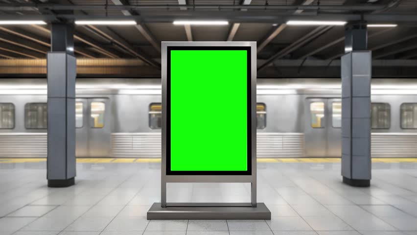Subway station billboard with green screen and train passing in background