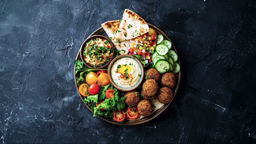 Falafel bowl with hummus, pita bread, vegetables, and salad. Perfect for vegan cuisine, healthy lifestyle, and Mediterranean food.