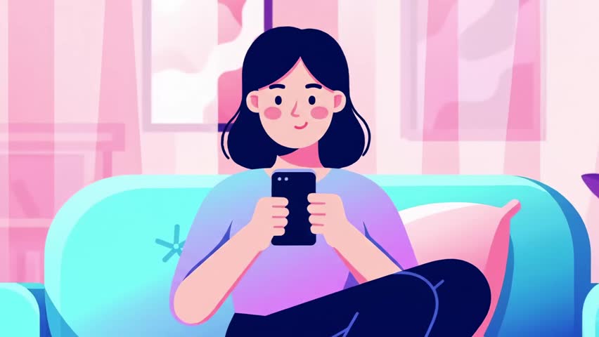 Flat Design Minimalist Animation of Woman Shopping on Smartphone in Living Room