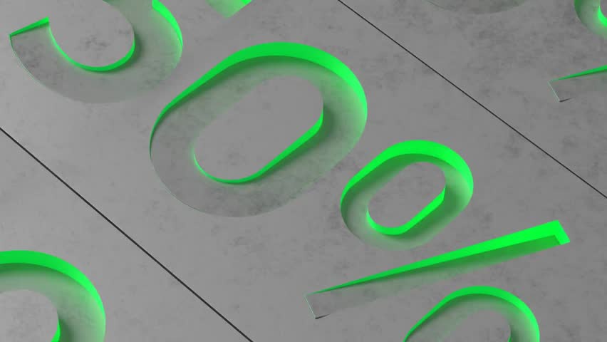 An oblique 3D font extruded from the surface. Text animation, 50% discount. Special offer, sale. Monumental style. Looping 3D video.