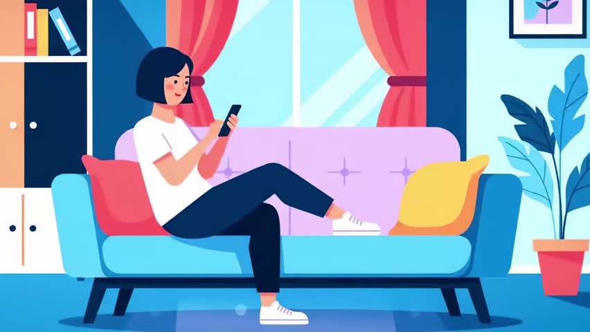 Flat Design Minimalist Animation of Woman Shopping on Smartphone in Living Room