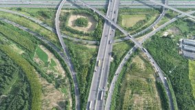 Aerial 4K footage of Zhengzhou’s Liujiang Expressway Interchange at summer dusk, capturing the intricate highway network and traffic under golden sunset light. - Powered by Shutterstock - Get 15% off with code: PIKWIZARD15