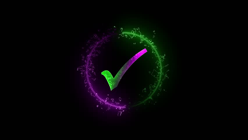 Neon Tick mark green and pink color correct yes select finishing sign symbol saber animation with black background.