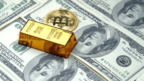 Bitcoin Cryptocurrency Coins Lying Us Dollars.Shiny Gold Coins Of Bitcoin Rotate On Cash, Reflecting Investment Strategies, Market Expansion, Power Of Decentralized Finance In The Global Economy. - Powered by Shutterstock - Get 15% off with code: PIKWIZARD15