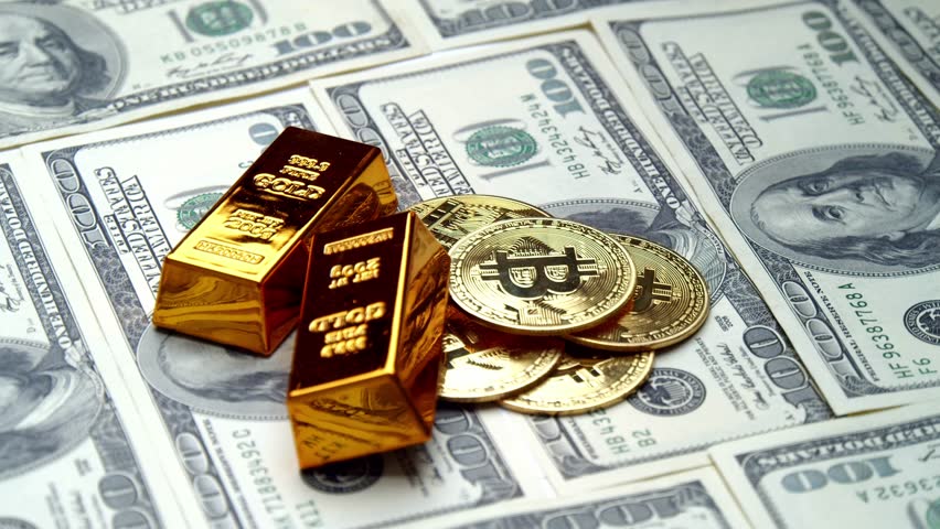 Cinematic Close-Up Of Gold Bitcoin Coins On One Hundred Dollar Bills Illustrating A New Era Of Financial Independence, Investment Opportunities, And Crypto Dominance.