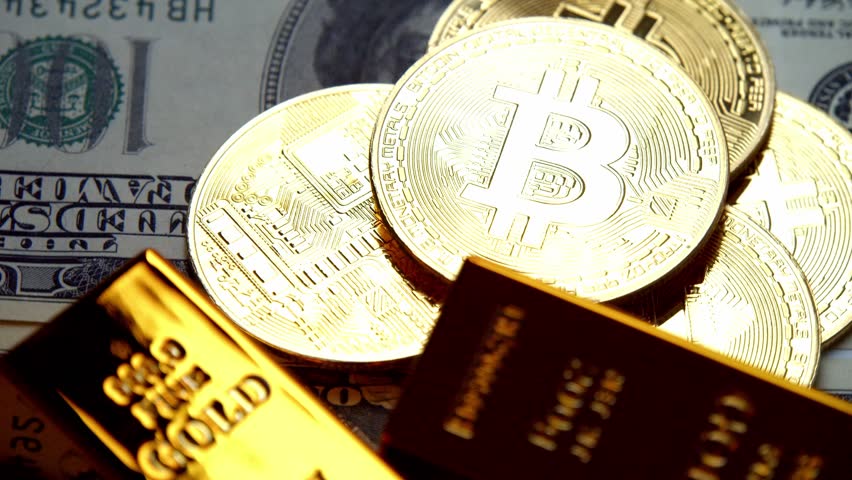 Bitcoin And Cash Together Reflect Global Transition.Gold Cryptocurrency Coins Spin On American Money, Representing Future Investment, Blockchain Development, Expansion Of Digital Markets Worldwide.