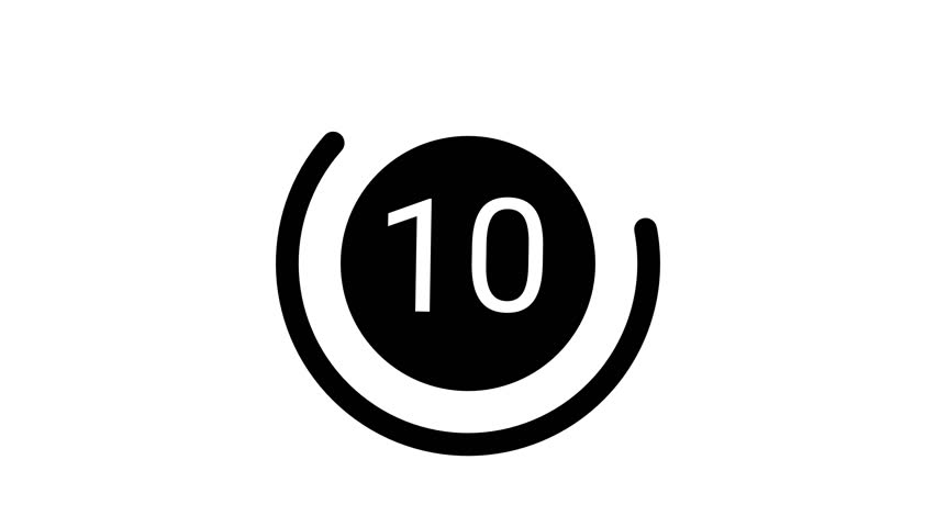 Minimalist countdown animation from 10 to 0. Modern gray numbers appear inside a black oval with a ticking line effect on a white background.