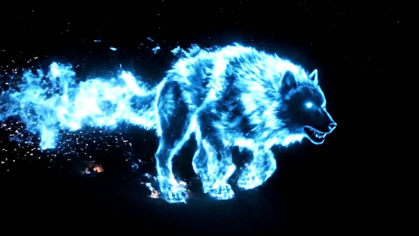 Epic blazing wolf made of blue fire sprints across darkness, leaving comet-like trails before leaping into a white light explosion cinematic transition.