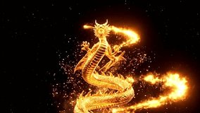 Majestic golden Chinese dragon made of flames coils through darkness, leaving blazing fire trails before exploding into pure white light cinematic transition. - Powered by Shutterstock - Get 15% off with code: PIKWIZARD15