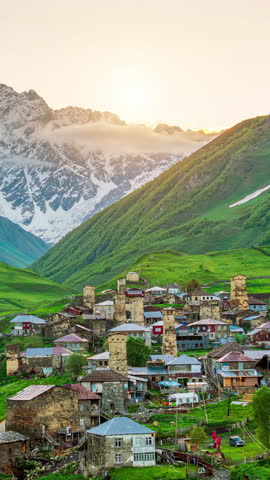 Vertical Time lapse of Ushguli village at the foot of Mt. Shkhara,Upper Svaneti, Georgia.
