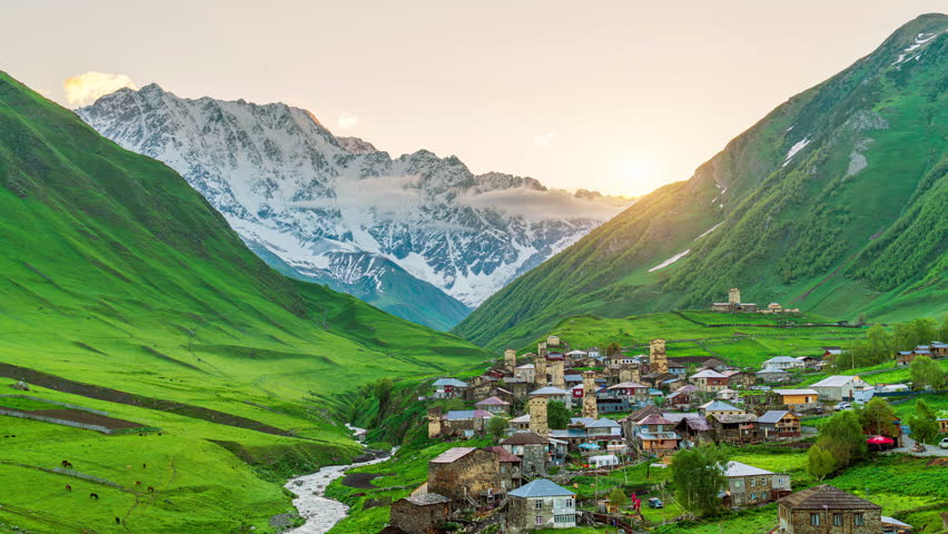 Time lapse of Ushguli village at the foot of Mt. Shkhara,Upper Svaneti, Georgia.