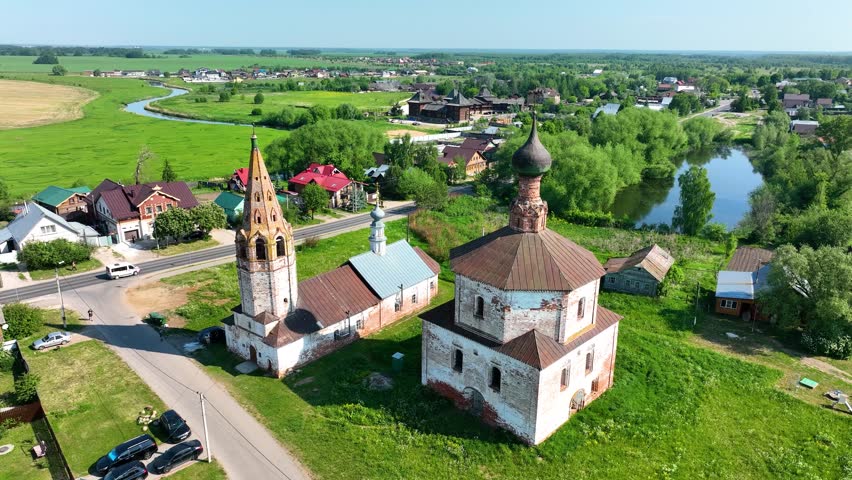 An aerial drone view of historic Russian Orthodox churches in the ancient town of Suzdal, a popular tourist destination in Russia