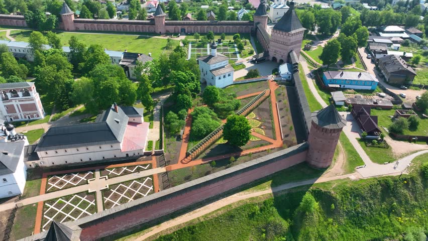 An aerial drone view of the beautiful formal gardens and architectural ensemble inside the walls of the Monastery of Saint Euthymius